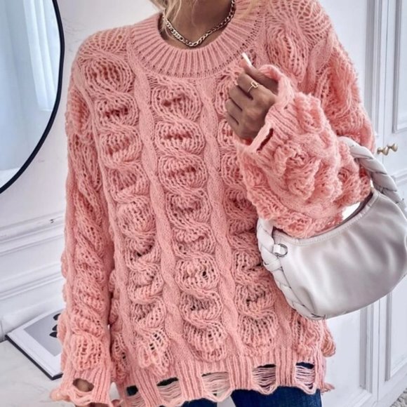 . Sweaters - Chunky Knit Distressed Sweater Pink
